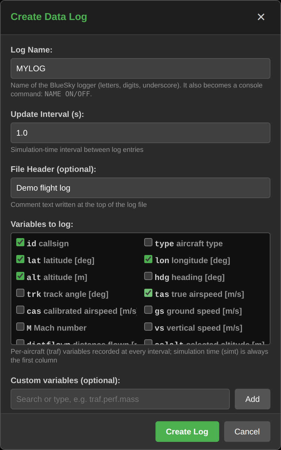 Create Data Log dialog