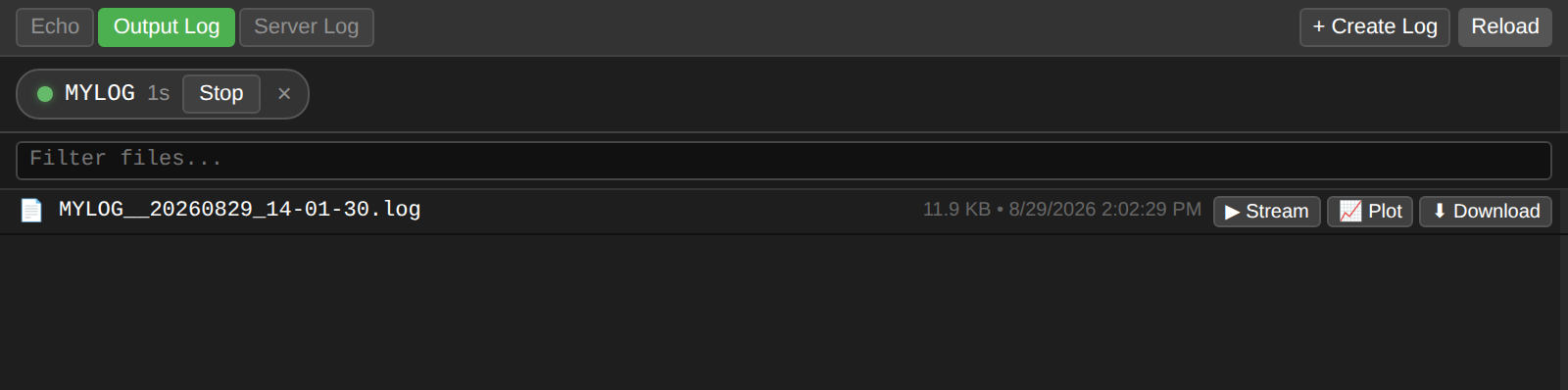 Output Log tab with a running log