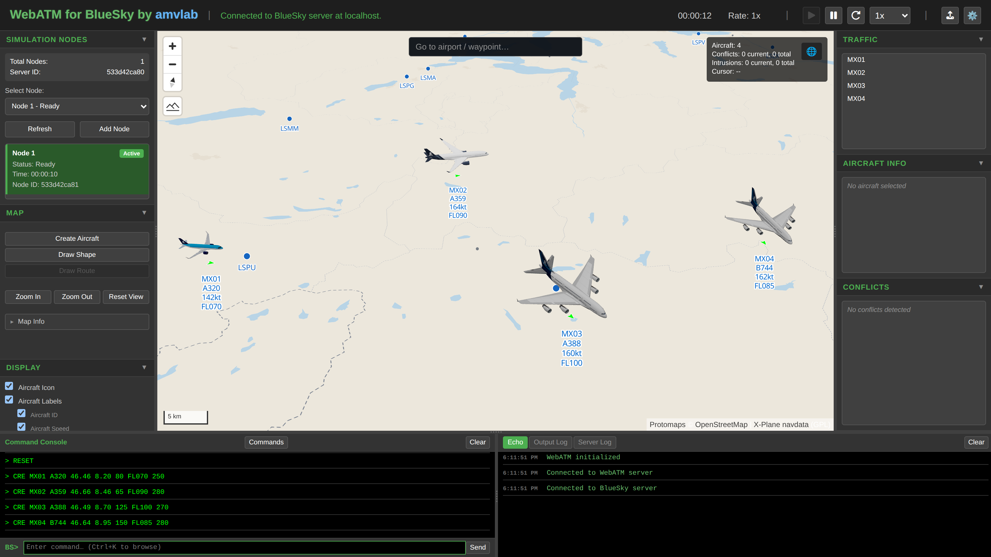Mixed fleet of A320, A350, A380 and B747 aircraft rendered in WebATM